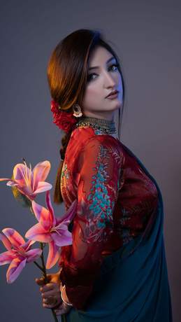 Classic saree portrait with lilies