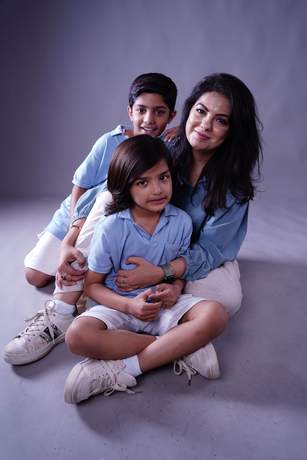 Family studio session, a mother and her boys